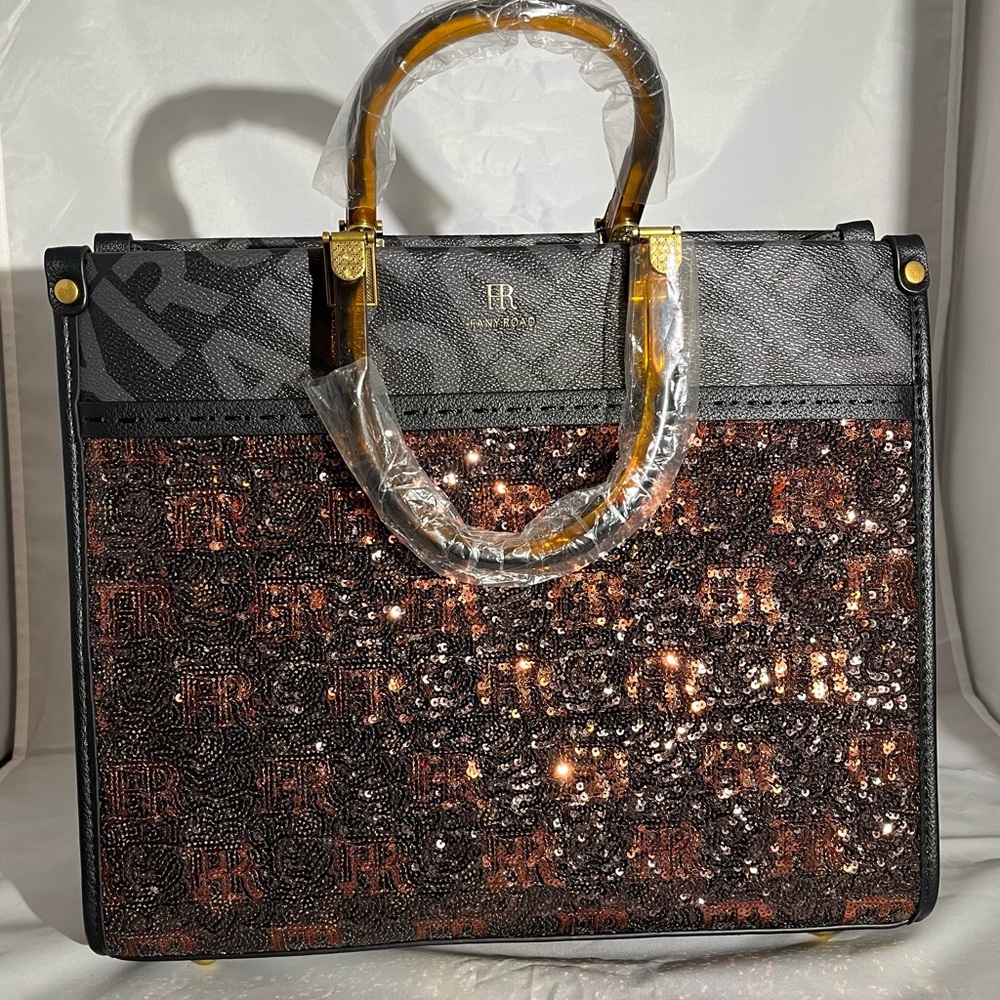 Glam Sequin Logo Tote – Black & Bronze Sparkle